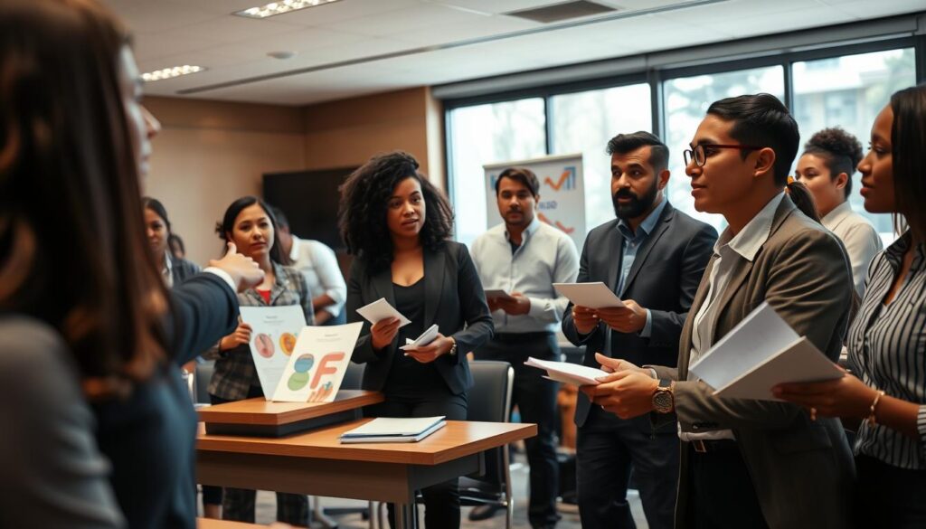 A classroom setting with diverse individuals actively engaged in a political education workshop. In the foreground, a passionate instructor, dressed in professional attire, gestures towards a digital presentation. Students of various ages and ethnic backgrounds, also in business casual clothing, display expressions of curiosity and determination as they take notes and participate in discussions. The middle ground features educational materials like brochures and displays depicting political diagrams. In the background, large windows let in natural light, illuminating the room and creating a warm, inviting atmosphere. The overall mood conveys collaboration and empowerment, emphasizing the challenges and obstacles to effective political education in modern society. The focus should be sharp, with a slight depth of field effect drawing attention to the engaged participants while maintaining a clear view of the vibrant classroom environment. A classroom setting with diverse individuals actively engaged in a political education workshop. In the foreground, a passionate instructor, dressed in professional attire, gestures towards a digital presentation. Students of various ages and ethnic backgrounds, also in business casual clothing, display expressions of curiosity and determination as they take notes and participate in discussions. The middle ground features educational materials like brochures and displays depicting political diagrams. In the background, large windows let in natural light, illuminating the room and creating a warm, inviting atmosphere. The overall mood conveys collaboration and empowerment, emphasizing the challenges and obstacles to effective political education in modern society. The focus should be sharp, with a slight depth of field effect drawing attention to the engaged participants while maintaining a clear view of the vibrant classroom environment.