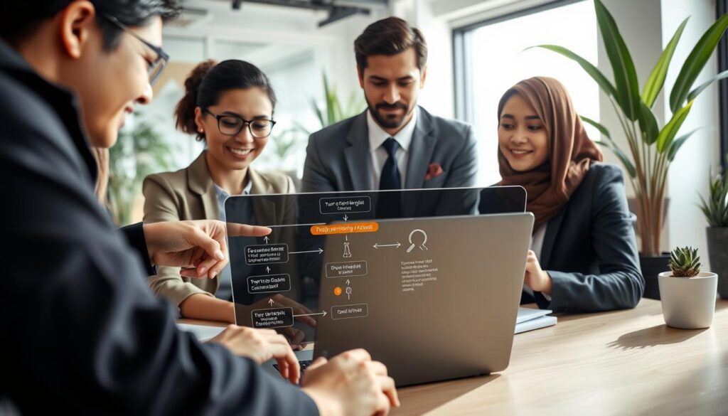 A close-up of a diverse group of professionals collaborating around a laptop, demonstrating "langkah perbaikan aplikasi". In the foreground, a woman in smart casual attire points at the laptop screen while a man in a business suit takes notes. In the middle, a flowchart illustrating step-by-step troubleshooting steps is displayed on the laptop, with arrows and icons for clarity. The background features a modern office environment with potted plants and soft natural light streaming through a window, giving a welcoming and productive atmosphere. The image captures a sense of teamwork and focus, highlighting the importance of collaboration in resolving application issues. A close-up of a diverse group of professionals collaborating around a laptop, demonstrating "langkah perbaikan aplikasi". In the foreground, a woman in smart casual attire points at the laptop screen while a man in a business suit takes notes. In the middle, a flowchart illustrating step-by-step troubleshooting steps is displayed on the laptop, with arrows and icons for clarity. The background features a modern office environment with potted plants and soft natural light streaming through a window, giving a welcoming and productive atmosphere. The image captures a sense of teamwork and focus, highlighting the importance of collaboration in resolving application issues.