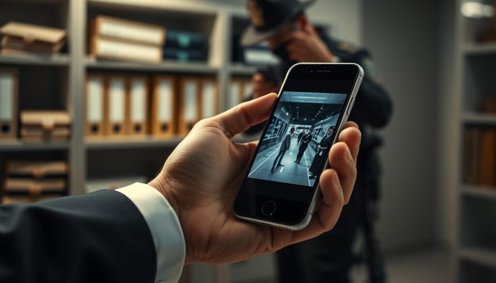 A close-up scene of a smartphone displaying a highly detailed video still, showing critical evidence from a viral incident. In the foreground, focus on the phone with a polished screen reflecting soft light, comfortably cradled in a professional hand wearing a business suit. The middle section features a blurred office environment, hinting at urgency and investigation, with shelves lined with files and a shadowy figure of a police officer in the background, analyzing the footage. The overall lighting is dramatic, enhancing shadows and highlighting the tension in the scene. The mood is serious and investigative, emphasizing the importance of this digital evidence in a contemporary legal context. A close-up scene of a smartphone displaying a highly detailed video still, showing critical evidence from a viral incident. In the foreground, focus on the phone with a polished screen reflecting soft light, comfortably cradled in a professional hand wearing a business suit. The middle section features a blurred office environment, hinting at urgency and investigation, with shelves lined with files and a shadowy figure of a police officer in the background, analyzing the footage. The overall lighting is dramatic, enhancing shadows and highlighting the tension in the scene. The mood is serious and investigative, emphasizing the importance of this digital evidence in a contemporary legal context.