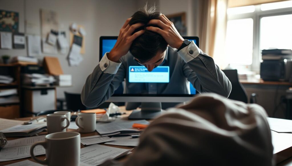 A close-up view of a computer screen displaying an error message, surrounded by scattered notes and empty coffee cups indicating stress and frustration. In the foreground, a frustrated individual in professional attire sits at a disheveled desk, hands on their head. The middle ground features the computer with a bright, glaring error window, and an assortment of troubleshooting guides. In the background, a dimly lit room and blurred office items create a slightly chaotic atmosphere, hinting at a busy work environment. Soft, natural light streams in from a window to the side, casting soft shadows and adding depth. The mood captures the tension and urgency of resolving application issues. A close-up view of a computer screen displaying an error message, surrounded by scattered notes and empty coffee cups indicating stress and frustration. In the foreground, a frustrated individual in professional attire sits at a disheveled desk, hands on their head. The middle ground features the computer with a bright, glaring error window, and an assortment of troubleshooting guides. In the background, a dimly lit room and blurred office items create a slightly chaotic atmosphere, hinting at a busy work environment. Soft, natural light streams in from a window to the side, casting soft shadows and adding depth. The mood captures the tension and urgency of resolving application issues.