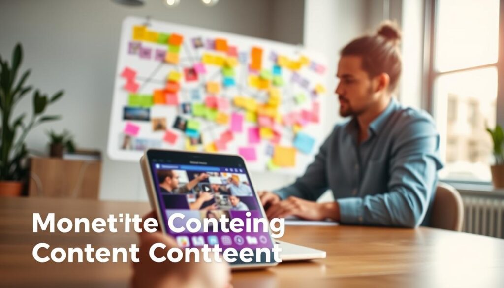 A creative content strategist in a modern office space, working on a laptop with a vibrant digital interface displaying various social media platforms. In the foreground, a close-up of a smartphone showing engaging video content. In the middle, a brainstorming board filled with colorful sticky notes and mind maps, symbolizing creative ideas and strategies. The background features a large window with natural light streaming in, providing a bright and inspiring atmosphere. Warm tones enhance the feeling of productivity and motivation. The scene captures a sense of collaboration and innovation, emphasizing the theme of monetizing creative content in the digital age. A creative content strategist in a modern office space, working on a laptop with a vibrant digital interface displaying various social media platforms. In the foreground, a close-up of a smartphone showing engaging video content. In the middle, a brainstorming board filled with colorful sticky notes and mind maps, symbolizing creative ideas and strategies. The background features a large window with natural light streaming in, providing a bright and inspiring atmosphere. Warm tones enhance the feeling of productivity and motivation. The scene captures a sense of collaboration and innovation, emphasizing the theme of monetizing creative content in the digital age.