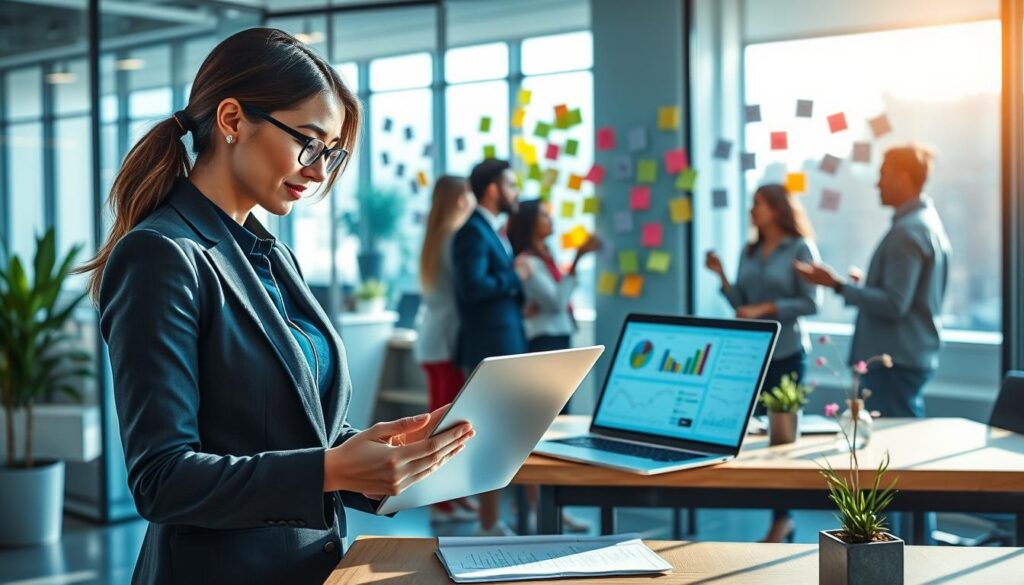 A modern office workspace illustrating innovative marketing strategies. In the foreground, a confident businesswoman in professional attire examines a digital marketing dashboard on a laptop, surrounded by colorful graphs and charts. In the middle ground, diverse team members are engaged in a brainstorming session, using sticky notes on a glass wall filled with marketing ideas. The background features large windows allowing natural light to flood the room, casting dynamic shadows. The atmosphere is energetic and collaborative, with a vibrant color palette of blues and greens. Shot with a wide-angle lens to capture the entire scene, the lighting is bright and inviting, evoking a sense of optimism and focus on maximizing profit opportunities through effective marketing strategies. A modern office workspace illustrating innovative marketing strategies. In the foreground, a confident businesswoman in professional attire examines a digital marketing dashboard on a laptop, surrounded by colorful graphs and charts. In the middle ground, diverse team members are engaged in a brainstorming session, using sticky notes on a glass wall filled with marketing ideas. The background features large windows allowing natural light to flood the room, casting dynamic shadows. The atmosphere is energetic and collaborative, with a vibrant color palette of blues and greens. Shot with a wide-angle lens to capture the entire scene, the lighting is bright and inviting, evoking a sense of optimism and focus on maximizing profit opportunities through effective marketing strategies.