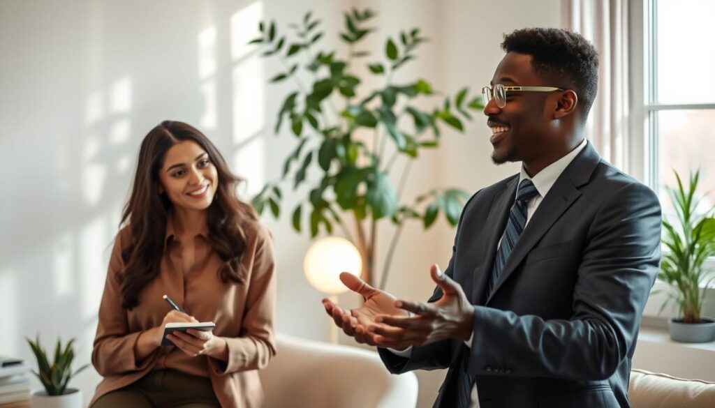 A serene and inviting workspace, showcasing a diverse group of three professionals engaged in a lively discussion about stress reduction strategies. In the foreground, a woman in smart casual attire is jotting down notes, her expression focused and attentive. To her right, a man in a business suit is animatedly sharing ideas, gesturing with his hands to emphasize a point. In the background, a calming indoor plant and a softly glowing lamp provide a warm atmosphere, symbolizing relaxation. Natural light filters through a large window, casting gentle shadows and creating a sense of openness. The overall mood is collaborative and uplifting, reflecting mental and social strategies for stress relief. The composition should feel balanced and harmonious, without distractions from the main subjects.