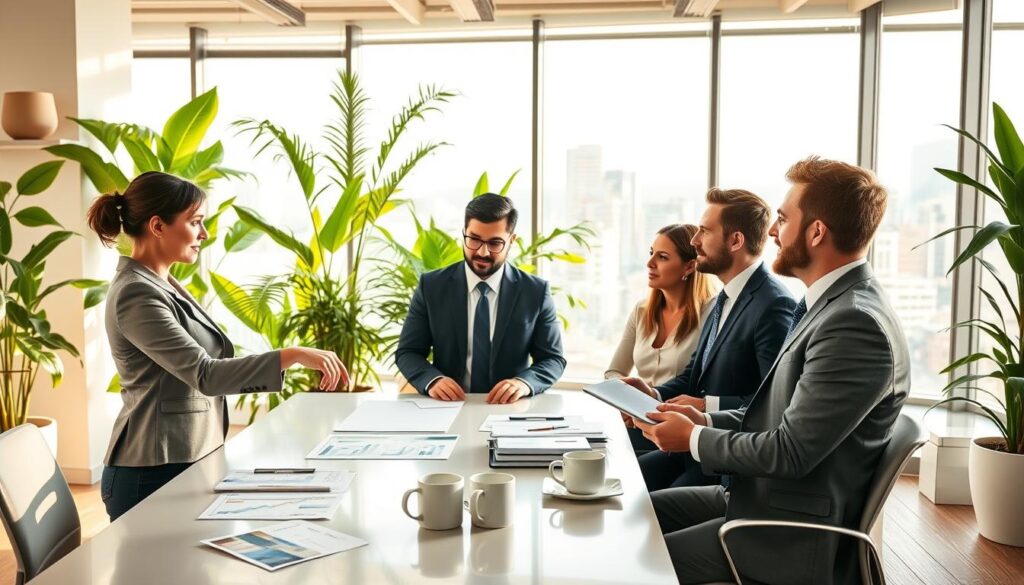 A serene office environment filled with natural light, showcasing a diverse group of business professionals dressed in smart attire, deeply engaged in discussions about passive income strategies. In the foreground, a woman points to a financial graph on a sleek digital tablet, while a man takes notes. In the middle ground, a modern conference table is scattered with charts and coffee mugs, symbolizing collaboration. The background features lush indoor plants and large windows offering a cityscape view, emphasizing growth and sustainability. The overall atmosphere is one of optimism and productivity, illuminated by warm, soft lighting to create an inviting, creative workspace that fosters innovative thinking about continuous income generation. A serene office environment filled with natural light, showcasing a diverse group of business professionals dressed in smart attire, deeply engaged in discussions about passive income strategies. In the foreground, a woman points to a financial graph on a sleek digital tablet, while a man takes notes. In the middle ground, a modern conference table is scattered with charts and coffee mugs, symbolizing collaboration. The background features lush indoor plants and large windows offering a cityscape view, emphasizing growth and sustainability. The overall atmosphere is one of optimism and productivity, illuminated by warm, soft lighting to create an inviting, creative workspace that fosters innovative thinking about continuous income generation.