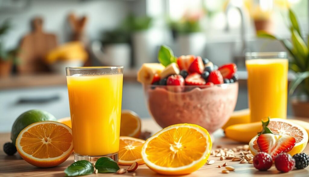 A vibrant and fresh scene depicting a health-focused lifestyle featuring a beautifully arranged table of fresh fruit juices and a colorful smoothie bowl. In the foreground, showcase a glass of vibrant orange juice with slices of citrus fruit artfully placed nearby, alongside a bowl of luscious smoothie topped with an array of sliced fruits, nuts, and seeds. In the middle ground, include a few whole fruits like bananas and berries for added texture. The background features a softly blurred kitchen setting with natural light streaming in, creating a warm and inviting atmosphere. Use a shallow depth of field to highlight the juices and smoothie bowl, capturing a sense of freshness and healthiness. The mood is bright, energetic, and visually appealing, perfect for inspiring a healthy lifestyle. A vibrant and fresh scene depicting a health-focused lifestyle featuring a beautifully arranged table of fresh fruit juices and a colorful smoothie bowl. In the foreground, showcase a glass of vibrant orange juice with slices of citrus fruit artfully placed nearby, alongside a bowl of luscious smoothie topped with an array of sliced fruits, nuts, and seeds. In the middle ground, include a few whole fruits like bananas and berries for added texture. The background features a softly blurred kitchen setting with natural light streaming in, creating a warm and inviting atmosphere. Use a shallow depth of field to highlight the juices and smoothie bowl, capturing a sense of freshness and healthiness. The mood is bright, energetic, and visually appealing, perfect for inspiring a healthy lifestyle.