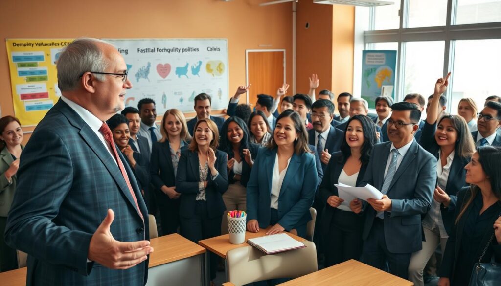 A vibrant political classroom setting, filled with diverse individuals engaged in animated discussions. In the foreground, a middle-aged man in a sharp suit stands confidently, gesturing as he explains political concepts to a diverse group of attentive adults in professional business attire. In the middle, several individuals of different ages and ethnic backgrounds are actively participating, some raising their hands and others taking notes, showcasing enthusiasm for learning about political engagement. The background features charts and posters depicting democratic values and civic responsibilities, with warm, natural lighting creating an inviting atmosphere. A wide-angle lens perspective captures the dynamic interaction within the classroom, emphasizing the importance of political education in modern society. A vibrant political classroom setting, filled with diverse individuals engaged in animated discussions. In the foreground, a middle-aged man in a sharp suit stands confidently, gesturing as he explains political concepts to a diverse group of attentive adults in professional business attire. In the middle, several individuals of different ages and ethnic backgrounds are actively participating, some raising their hands and others taking notes, showcasing enthusiasm for learning about political engagement. The background features charts and posters depicting democratic values and civic responsibilities, with warm, natural lighting creating an inviting atmosphere. A wide-angle lens perspective captures the dynamic interaction within the classroom, emphasizing the importance of political education in modern society.