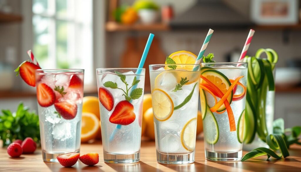 A vibrant, refreshing scene showcasing a variety of lemonade-infused water creations. In the foreground, three elegantly styled glasses filled with ice-cold lemonade, one infused with slices of fresh strawberries, another with sprigs of mint and lemon, and the last with colorful cucumber ribbons. The glasses are adorned with delicate garnishes and colorful straws. In the middle, a wooden table covered with fresh fruits and herbs, emphasizing the freshness of the ingredients. In the background, a sunlit kitchen setting with soft natural light filtering through a window, creating a warm and inviting atmosphere. Capture the lively colors and textures, focusing on the clear water, sparkling ice, and the vibrant fruit. Use a shallow depth of field to blur the background slightly, drawing attention to the drinks. A vibrant, refreshing scene showcasing a variety of lemonade-infused water creations. In the foreground, three elegantly styled glasses filled with ice-cold lemonade, one infused with slices of fresh strawberries, another with sprigs of mint and lemon, and the last with colorful cucumber ribbons. The glasses are adorned with delicate garnishes and colorful straws. In the middle, a wooden table covered with fresh fruits and herbs, emphasizing the freshness of the ingredients. In the background, a sunlit kitchen setting with soft natural light filtering through a window, creating a warm and inviting atmosphere. Capture the lively colors and textures, focusing on the clear water, sparkling ice, and the vibrant fruit. Use a shallow depth of field to blur the background slightly, drawing attention to the drinks.