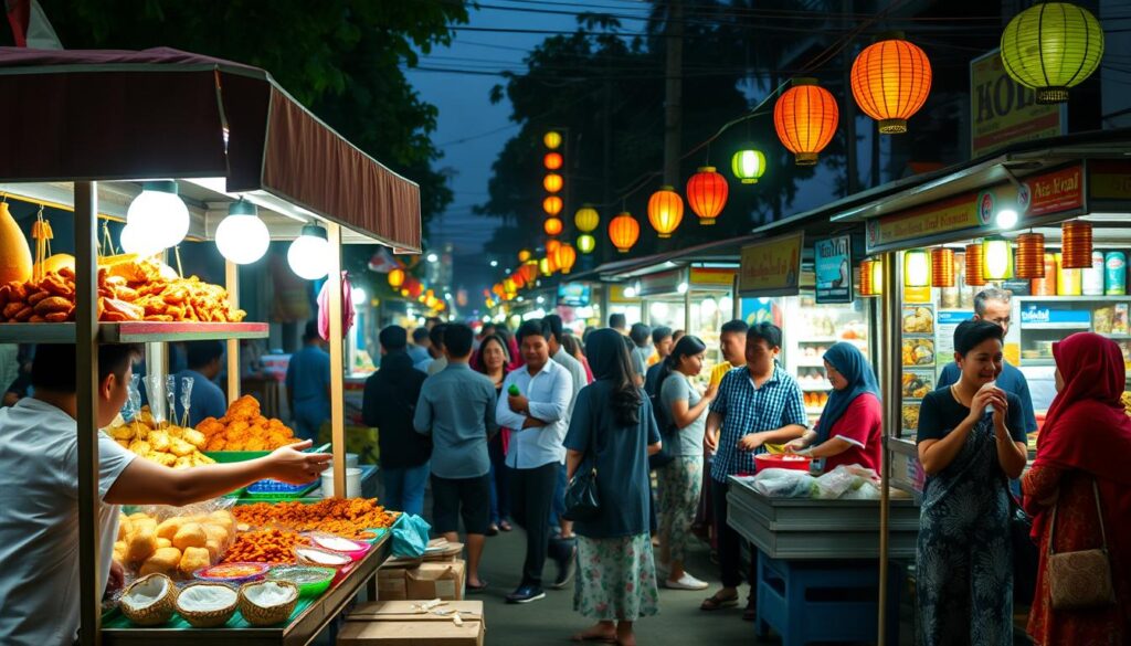 A vibrant street food scene depicting a bustling Indonesian pasar (market) at dusk. In the foreground, a lively food cart adorned with colorful displays of traditional snacks such as fried tofu, spicy sambal, and sweet coconut treats, served by a friendly vendor in modest casual clothing. The middle ground features groups of diverse customers enjoying their food, laughing, and interacting, creating a sense of community. The background showcases glowing lanterns and stalls offering various street food delights under a warm, inviting glow. The atmosphere is lively and energetic, capturing the essence of street food culture in Indonesia. The lighting is soft yet vibrant, accentuating the colors of the food. The angle is slightly elevated, providing a comprehensive view of this enticing scene, making it appealing and eye-catching. A vibrant street food scene depicting a bustling Indonesian pasar (market) at dusk. In the foreground, a lively food cart adorned with colorful displays of traditional snacks such as fried tofu, spicy sambal, and sweet coconut treats, served by a friendly vendor in modest casual clothing. The middle ground features groups of diverse customers enjoying their food, laughing, and interacting, creating a sense of community. The background showcases glowing lanterns and stalls offering various street food delights under a warm, inviting glow. The atmosphere is lively and energetic, capturing the essence of street food culture in Indonesia. The lighting is soft yet vibrant, accentuating the colors of the food. The angle is slightly elevated, providing a comprehensive view of this enticing scene, making it appealing and eye-catching.