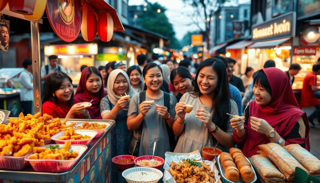 A vibrant street food scene showcasing popular viral dishes from Indonesia. In the foreground, a colorful food stall displays an array of enticing snacks, including crispy fried tempeh, spicy sambal, and sweet martabak, garnished with fresh herbs. In the middle, diverse groups of people, dressed in modest casual clothing, eagerly sample the food, sharing joyous expressions and laughter. The background features bustling street activity with food carts and local shops, illuminated by warm evening lights, creating an inviting atmosphere. Use a slightly elevated angle to capture the lively dynamics of the scene, with a focus on the food stall as the centerpiece, while the soft bokeh of the background adds depth. The overall mood is festive and energetic, reflecting the charm of Indonesia's street food culture. A vibrant street food scene showcasing popular viral dishes from Indonesia. In the foreground, a colorful food stall displays an array of enticing snacks, including crispy fried tempeh, spicy sambal, and sweet martabak, garnished with fresh herbs. In the middle, diverse groups of people, dressed in modest casual clothing, eagerly sample the food, sharing joyous expressions and laughter. The background features bustling street activity with food carts and local shops, illuminated by warm evening lights, creating an inviting atmosphere. Use a slightly elevated angle to capture the lively dynamics of the scene, with a focus on the food stall as the centerpiece, while the soft bokeh of the background adds depth. The overall mood is festive and energetic, reflecting the charm of Indonesia's street food culture.