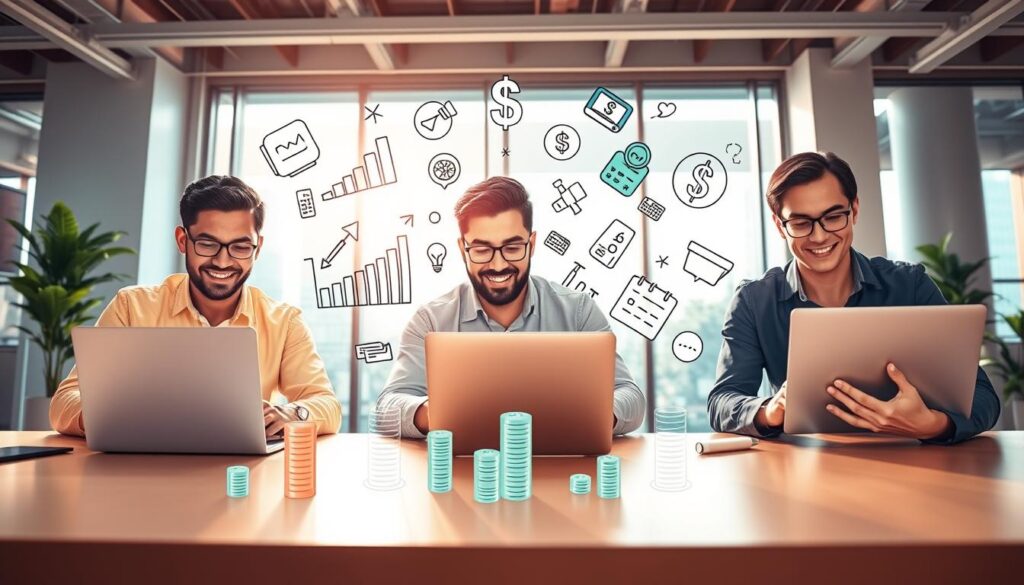 An illustration of popular online money-making methods in Indonesia, featuring a vibrant and dynamic digital workspace. In the foreground, a diverse group of three professionals—two men and one woman—are engaged in online activities using laptops and tablets. They are dressed in smart casual attire, exuding professionalism and enthusiasm. The middle ground shows various symbols of online income, such as graphs, dollar signs, and icons representing e-commerce, freelancing, and digital marketing. In the background, a modern office setting with large windows allowing soft sunlight to filter in, creating a warm and inviting atmosphere. Use a wide-angle lens to capture the entire scene, with bright and vivid colors emphasizing positivity and success in the digital business world. The overall mood should be motivational and inspiring, reflecting the theme of online opportunities. An illustration of popular online money-making methods in Indonesia, featuring a vibrant and dynamic digital workspace. In the foreground, a diverse group of three professionals—two men and one woman—are engaged in online activities using laptops and tablets. They are dressed in smart casual attire, exuding professionalism and enthusiasm. The middle ground shows various symbols of online income, such as graphs, dollar signs, and icons representing e-commerce, freelancing, and digital marketing. In the background, a modern office setting with large windows allowing soft sunlight to filter in, creating a warm and inviting atmosphere. Use a wide-angle lens to capture the entire scene, with bright and vivid colors emphasizing positivity and success in the digital business world. The overall mood should be motivational and inspiring, reflecting the theme of online opportunities.